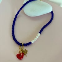 Image 3 of Blue glass bead and pearl necklace with carabiner and heart 