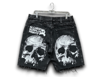 Image 2 of Custom Upcycled Reworked Screen Print black denim jean jorts shorts – Skulls, heavy metal