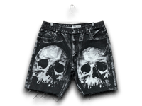 Image 1 of Custom Upcycled Reworked Screen Print black denim jean jorts shorts – Skulls, heavy metal