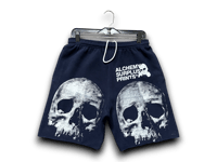Image 1 of Custom Upcycled Reworked Screen Print navy blue sweatshorts – Skulls, heavy metal