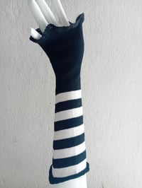 Image 5 of Pierrot Circus Style Black & White Striped Knitted Wrist Cuffs With Lace Trim