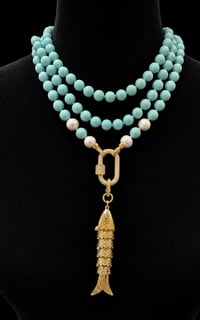 Image 2 of The “GOLDIE” Turquoise and Pearls Fish Crossbody Necklace