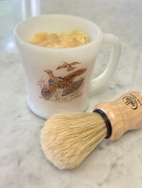 Image 1 of Palo Santo Tallow Shaving Soap Set in Vintage Fire King Quail “Game Birds” Milk Glass  