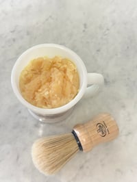Image 2 of Palo Santo Tallow Shaving Soap Set in Vintage Fire King Quail “Game Birds” Milk Glass  