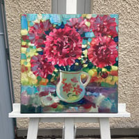 Image 2 of Burgundy Peonies in Vintage Jug — Original Oil Painting