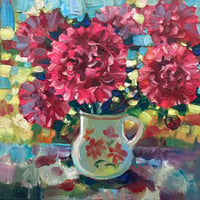 Image 1 of Burgundy Peonies in Vintage Jug — Original Oil Painting