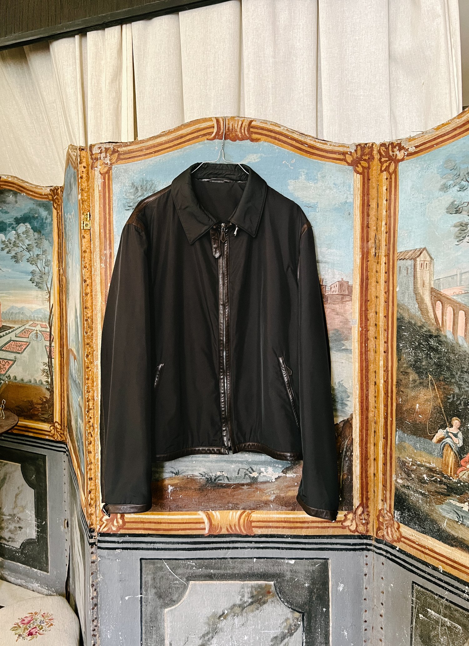 Hermès Black Nylon Jacket with Contrasting Leather Detail - Size 52