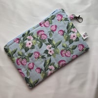 Pink Strawberries on Blue Quilted Zipper Pouch