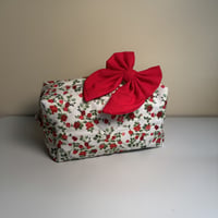 Image 2 of Tiny Red Roses | Quilted Zipper Pouch with Bow | Handmade Cotton Cosmetic Bag