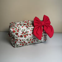 Image 1 of Tiny Red Roses | Quilted Zipper Pouch with Bow | Handmade Cotton Cosmetic Bag
