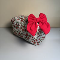 Image 3 of Tiny Red Roses | Quilted Zipper Pouch with Bow | Handmade Cotton Cosmetic Bag