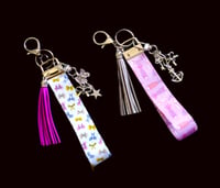 Image 1 of Handmade Lanyard Wristlet Keychain, charms, bag, key, gift, bows, pink, sardines, tassel, silver