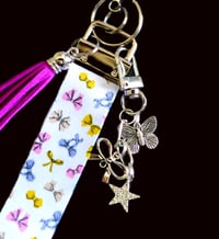 Image 2 of Handmade Lanyard Wristlet Keychain, charms, bag, key, gift, bows, pink, sardines, tassel, silver