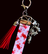 Image 2 of Handmade Lanyard Wristlet Keychain, charms, bag, key, gift, crab, pink, red, tassel, silver, diamond