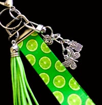 Image 2 of Handmade Lanyard Wristlet Keychain, charms, bag, key, gift, lime, green, blue, tassel, floral