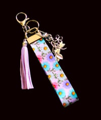 Image 1 of Handmade Lanyard Wristlet Keychain, charms, bag, key, gift, daisy, tassel, silver, floral, flower