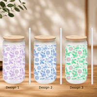 Image 1 of Hmong Floral Glass Cups – with Bamboo Lid and Glass Straw 1 Count