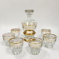 Image 1 of Service à liqueur carafe et 6 verres en verre liserés dorés à l'or fin - vintage 1930 - 40