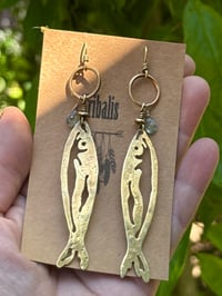 Image 3 of Brass fish and Aquamarine earrings 