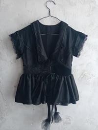 Image 4 of Black Gothic Victoriana Blouse Deep Peplum Chantilly Lace Silk Taffeta Hook & Eye Ties 8/10