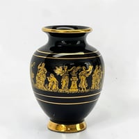 Image 1 of Vase grec en céramique noire et or 24 carats scène mythologique Vase Spyropoulos vintage