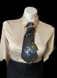 Image 2 of Handmade Dark Olive Green Denim Necktie with Camo & Gold Patch Detail