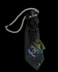 Image 1 of Handmade Dark Olive Green Denim Necktie with Camo & Gold Patch Detail