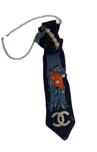 Image 1 of Handmade Navy Blue Necktie with Distressed Denim, Orange Accents & Gold Patch Detail