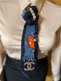 Image 2 of Handmade Navy Blue Necktie with Distressed Denim, Orange Accents & Gold Patch Detail