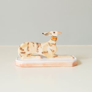 Image of Miniature Whippet Ornament - Brindle Fawn yellow collar
