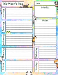 Fun Animal Weekly Planner Page, Kids Adult Organizer (Digital Download), printable