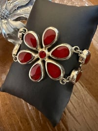 Image 1 of 925 Sterling Silver Red Jasper Mexican Flower Bracelet