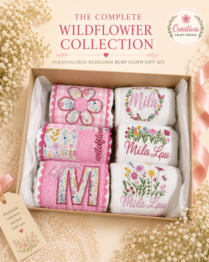 Complete Wildflower Collection &ndash; custom personalized burp cloth gift set