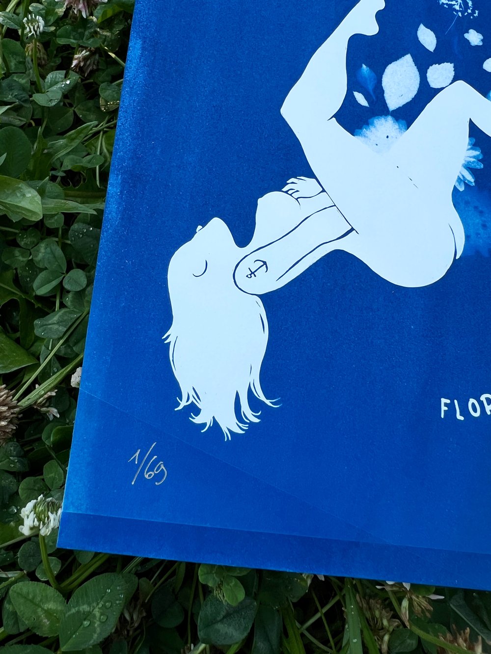 Image of  "Florgasmique" handmade cyanotype with real plants and flowers