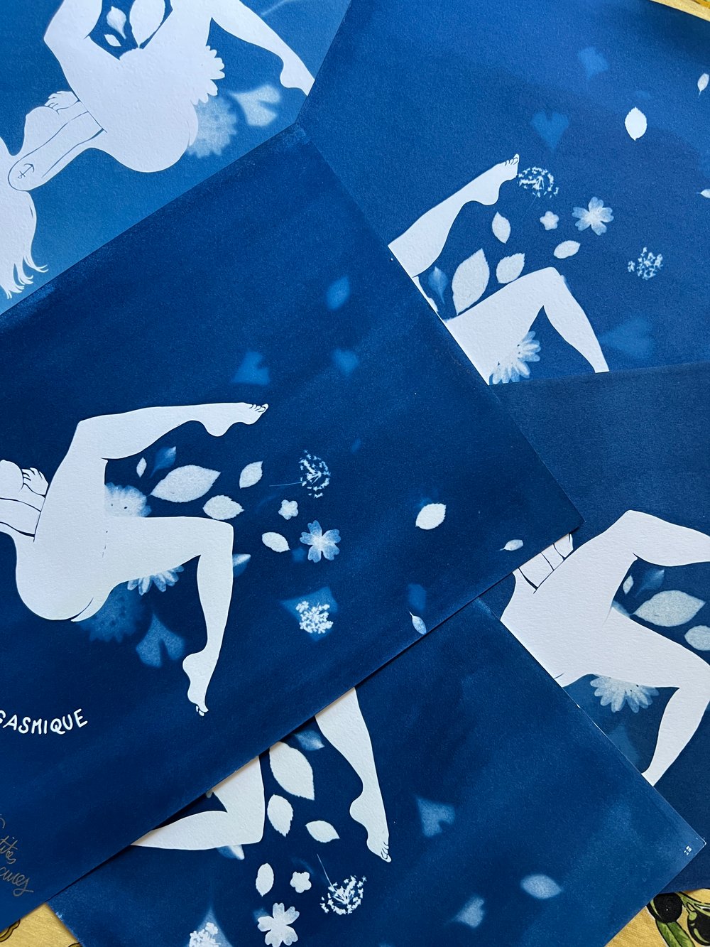 Image of  "Florgasmique" handmade cyanotype with real plants and flowers