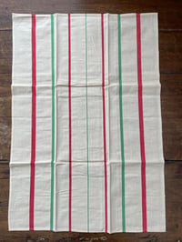 Image 2 of Un-used Antique French Linen Torchons White with Red and Green Stripes