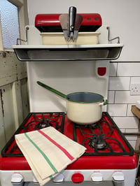 Image 1 of Un-used Antique French Linen Torchons White with Red and Green Stripes