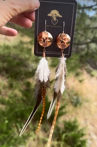 Copper disc Rooster Feather Bohemian  earrings 