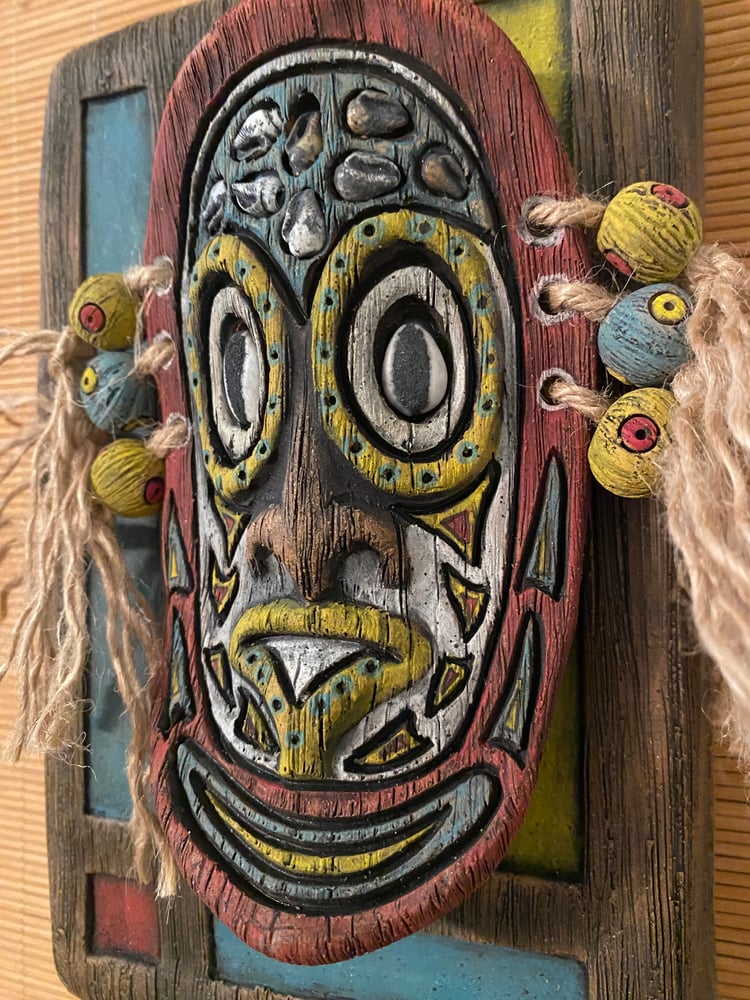 Image of 9” x 6” MCM Style Sepik Phallacy Mask Wall Hanger -  Turq/Red/Yellow/White