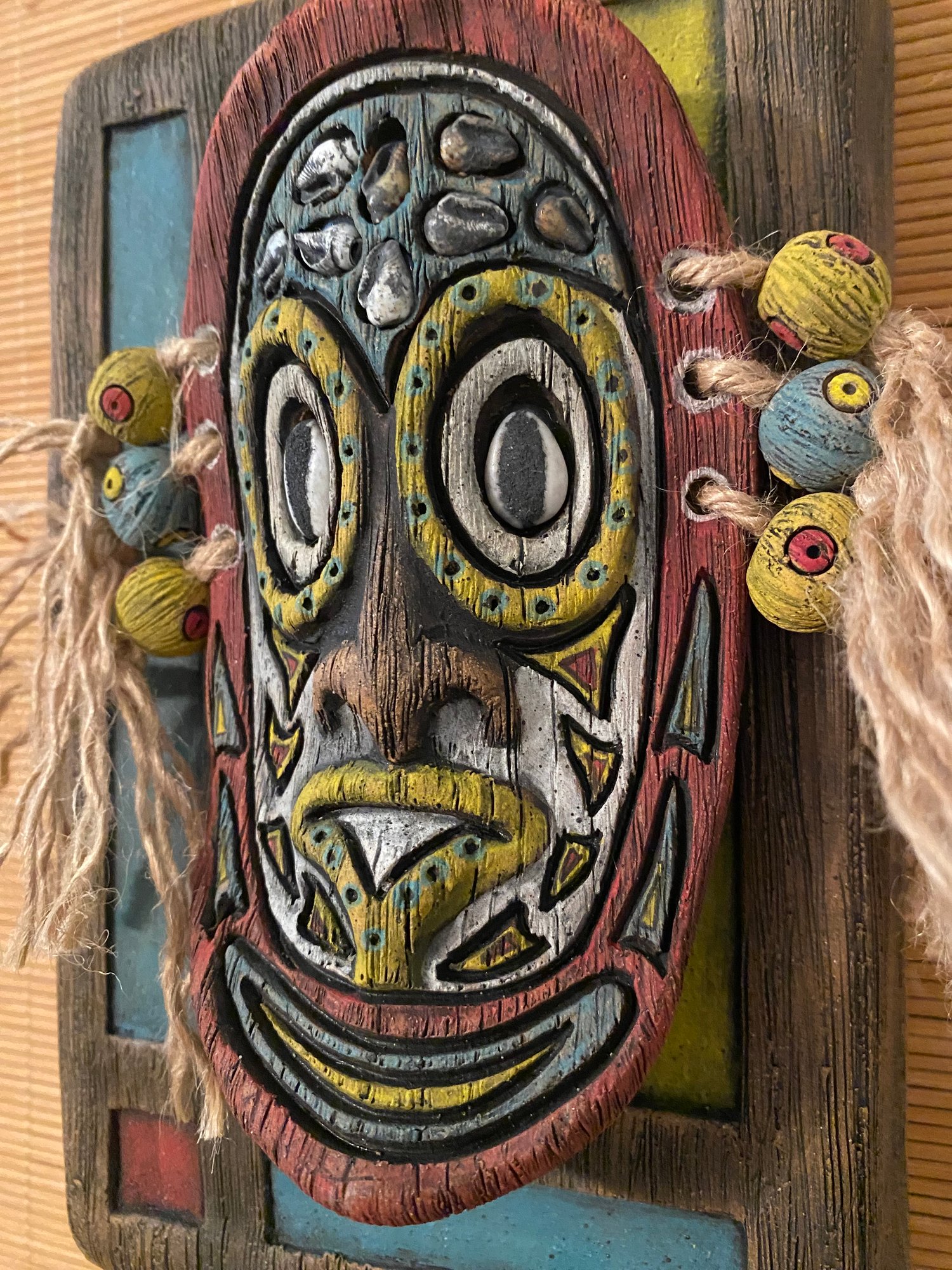 Image of 9” x 6” MCM Style Sepik Phallacy Mask Wall Hanger -  Turq/Red/Yellow/White