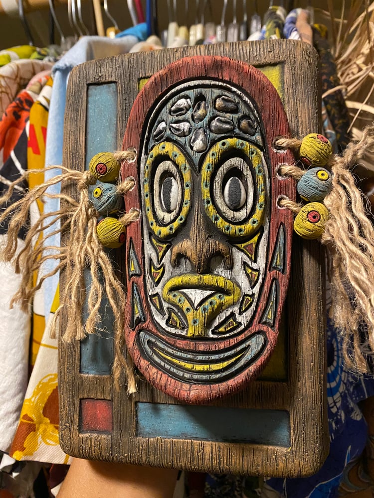 Image of 9” x 6” MCM Style Sepik Phallacy Mask Wall Hanger -  Turq/Red/Yellow/White