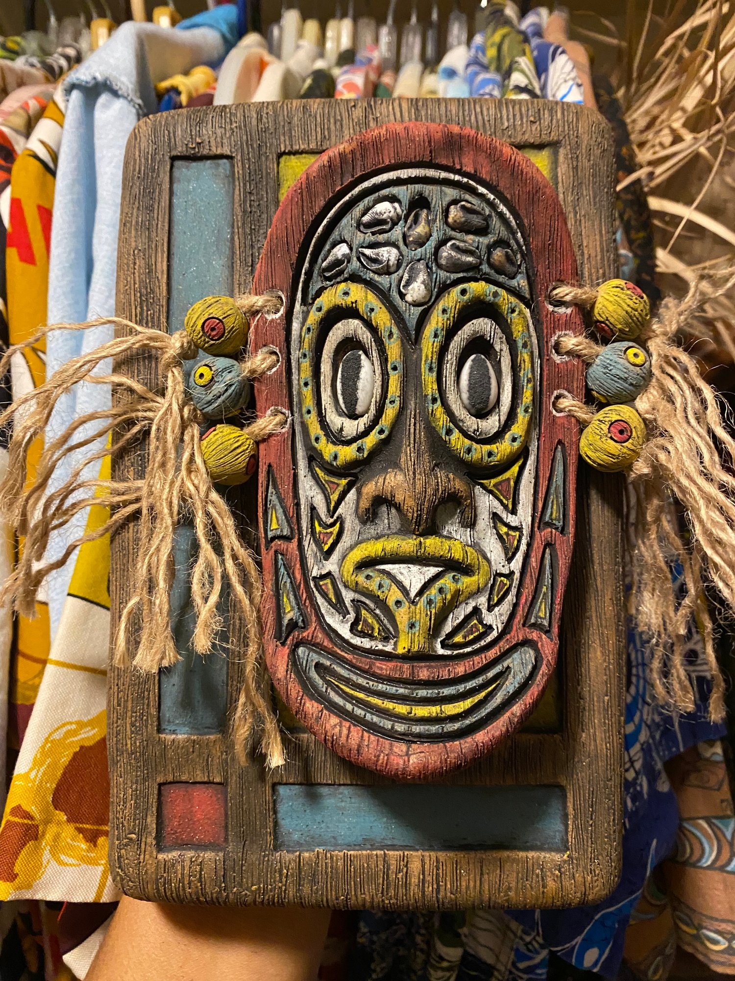 Image of 9” x 6” MCM Style Sepik Phallacy Mask Wall Hanger -  Turq/Red/Yellow/White