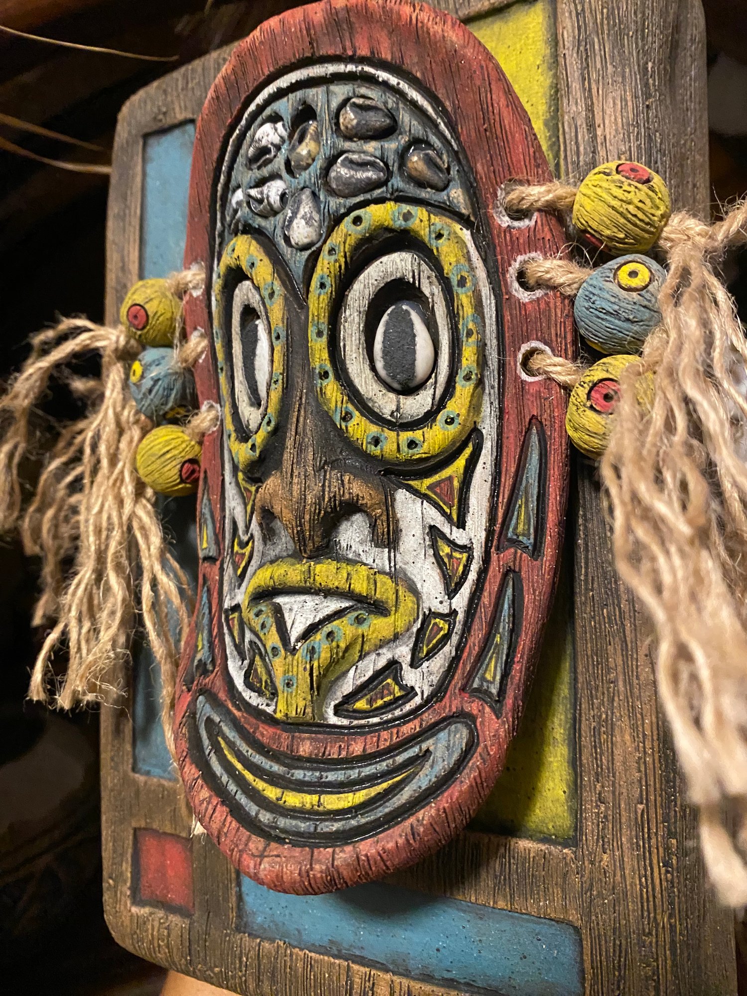 Image of 9” x 6” MCM Style Sepik Phallacy Mask Wall Hanger -  Turq/Red/Yellow/White