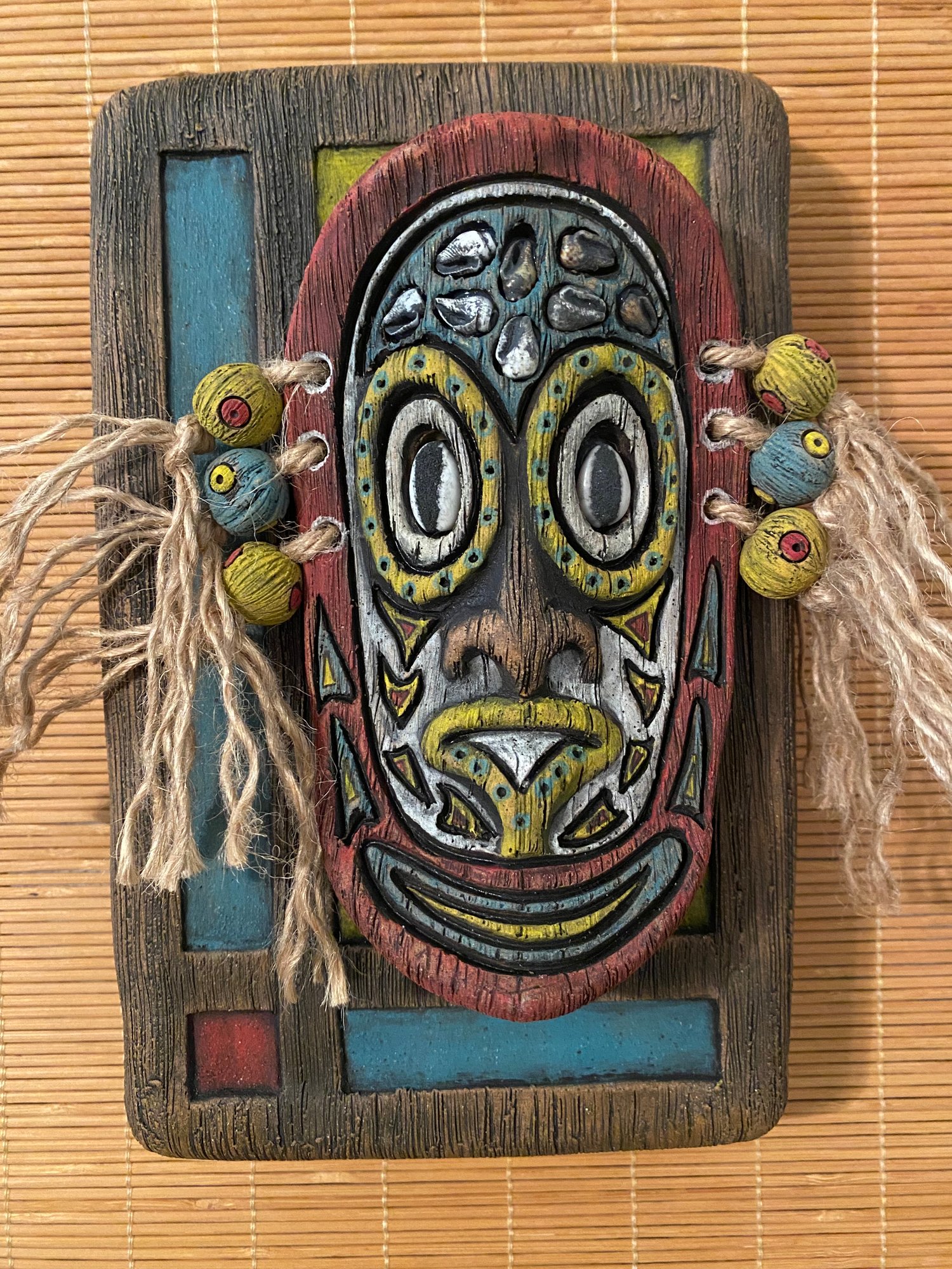 Image of 9” x 6” MCM Style Sepik Phallacy Mask Wall Hanger -  Turq/Red/Yellow/White