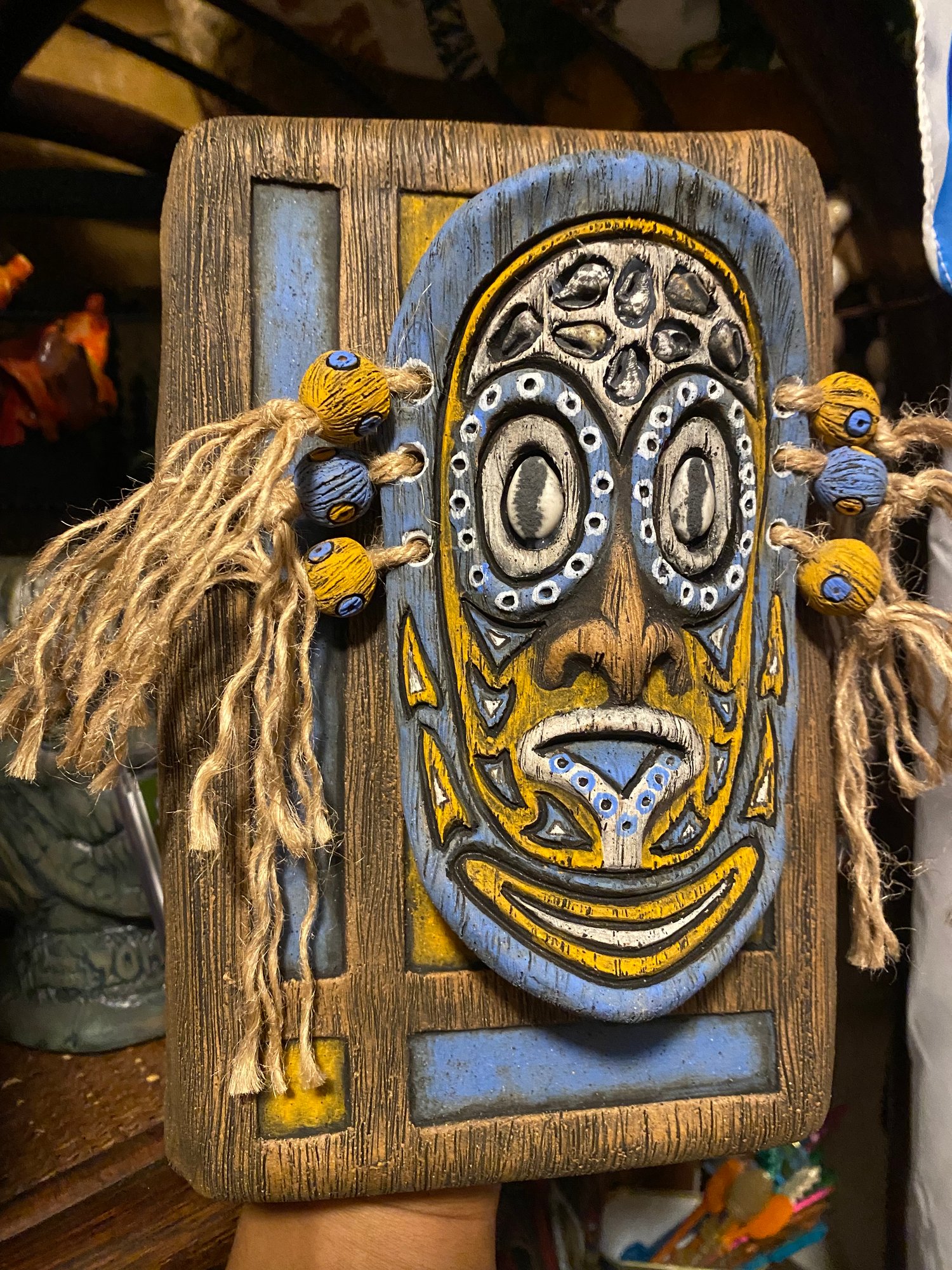 Image of 9” x 6” MCM Style Sepik Phallacy Mask Wall Hanger -  Blue/Orange/White