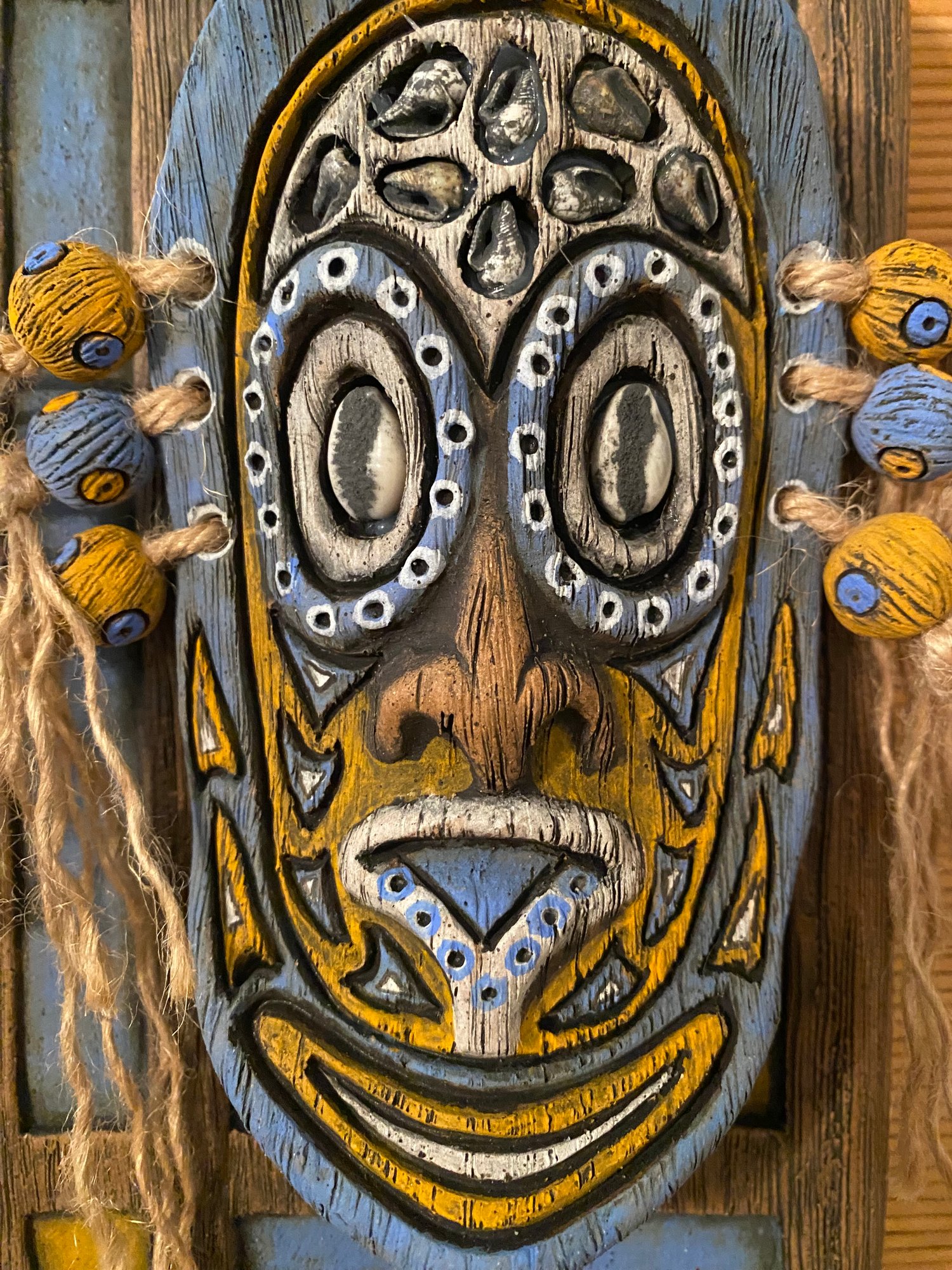 Image of 9” x 6” MCM Style Sepik Phallacy Mask Wall Hanger -  Blue/Orange/White