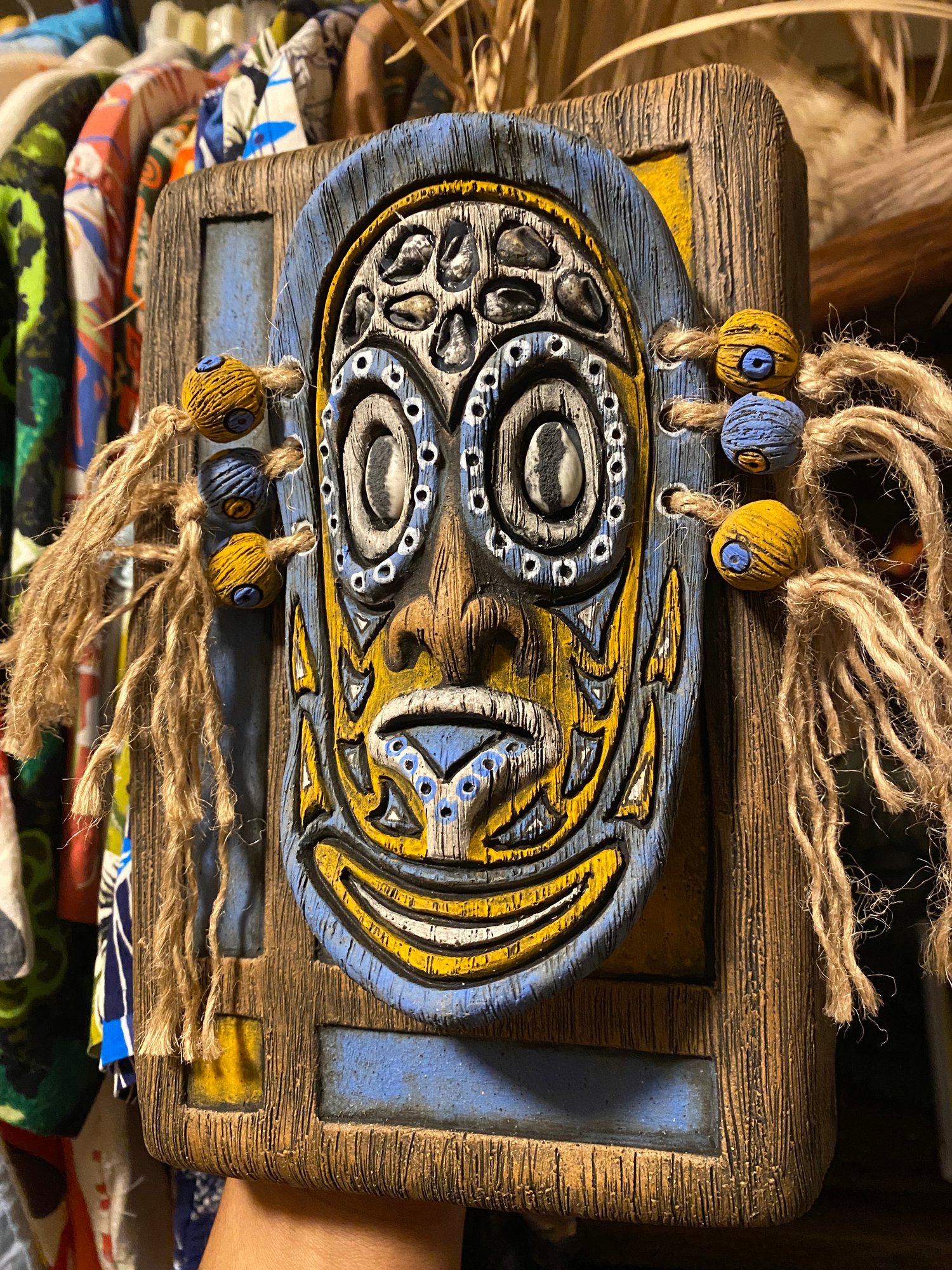 Image of 9” x 6” MCM Style Sepik Phallacy Mask Wall Hanger -  Blue/Orange/White