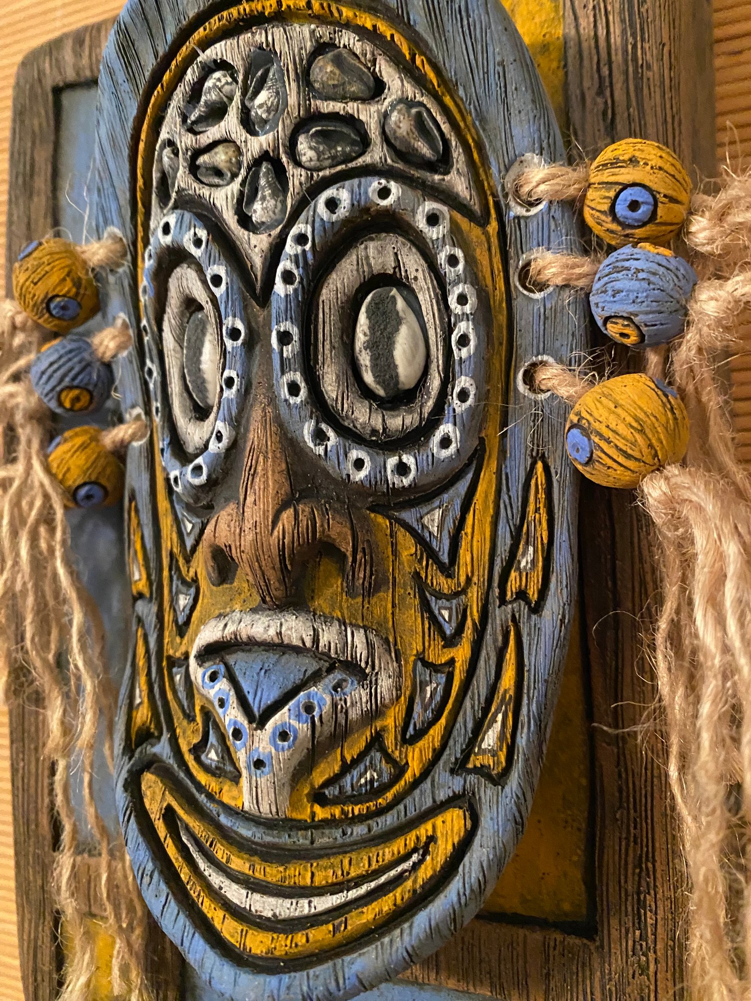 Image of 9” x 6” MCM Style Sepik Phallacy Mask Wall Hanger -  Blue/Orange/White