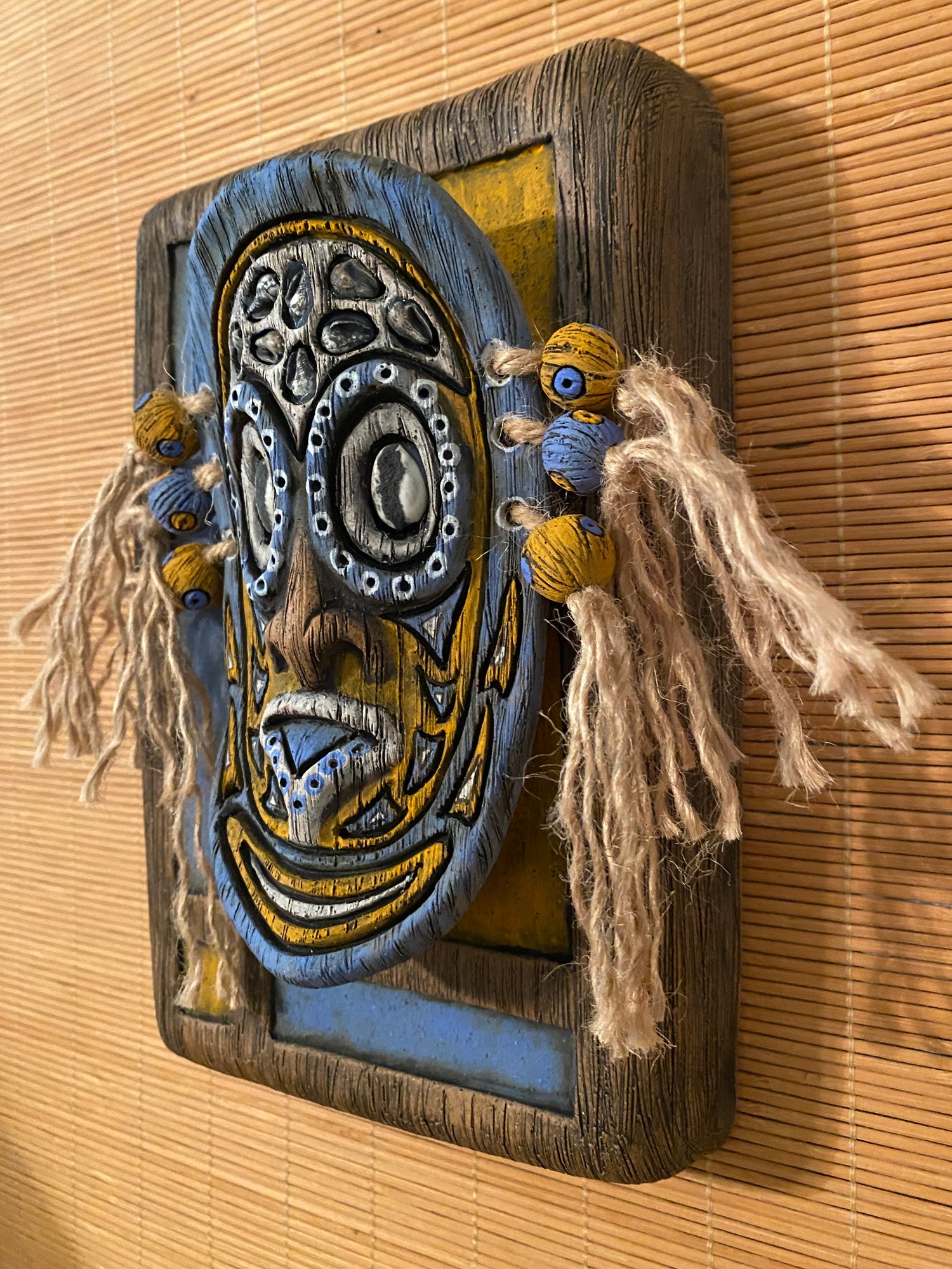 Image of 9” x 6” MCM Style Sepik Phallacy Mask Wall Hanger -  Blue/Orange/White