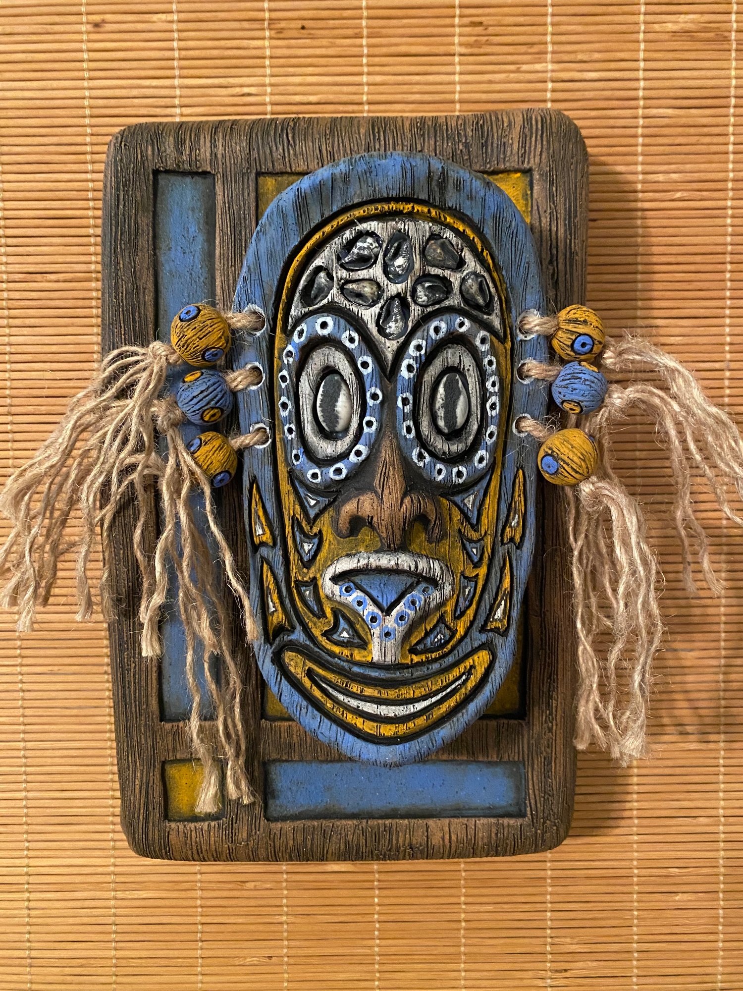 Image of 9” x 6” MCM Style Sepik Phallacy Mask Wall Hanger -  Blue/Orange/White